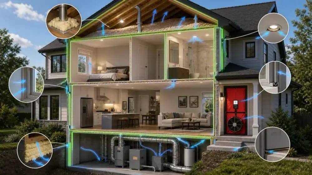 Energy auditor sealing gaps and air leaks in a home