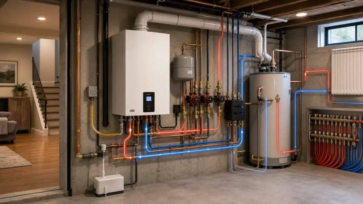 Wall-mounted condensing boiler installed in a basement