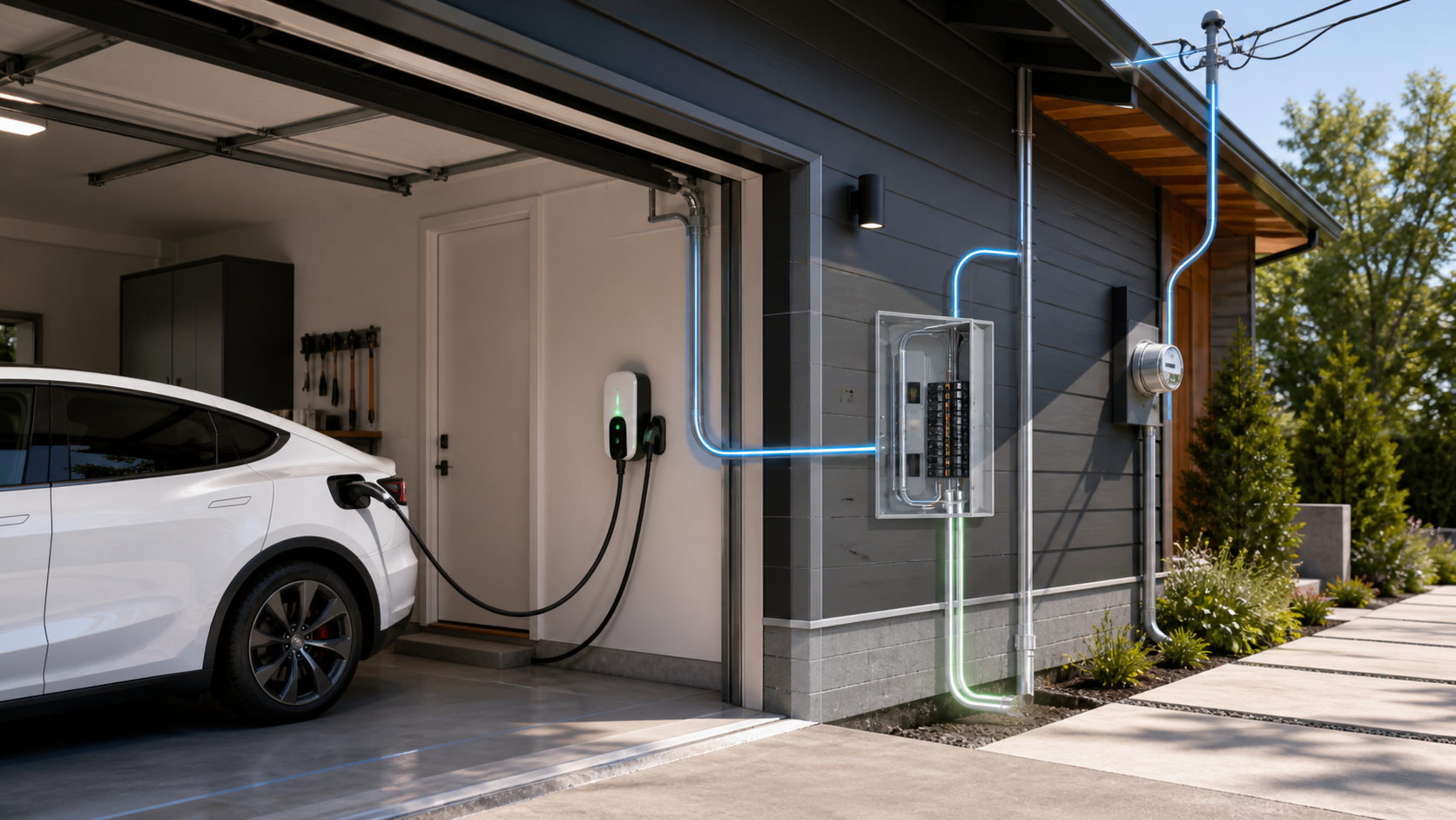 Home EV charger installed in a residential garage