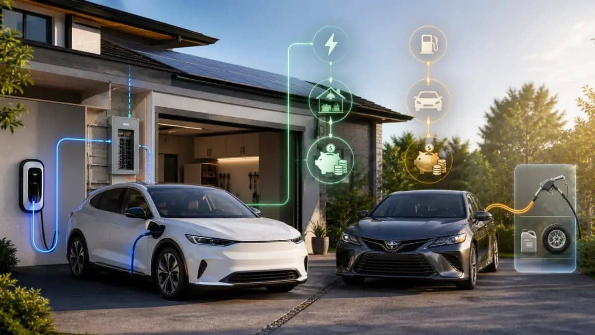 EV plugged in at home compared with a gas car
