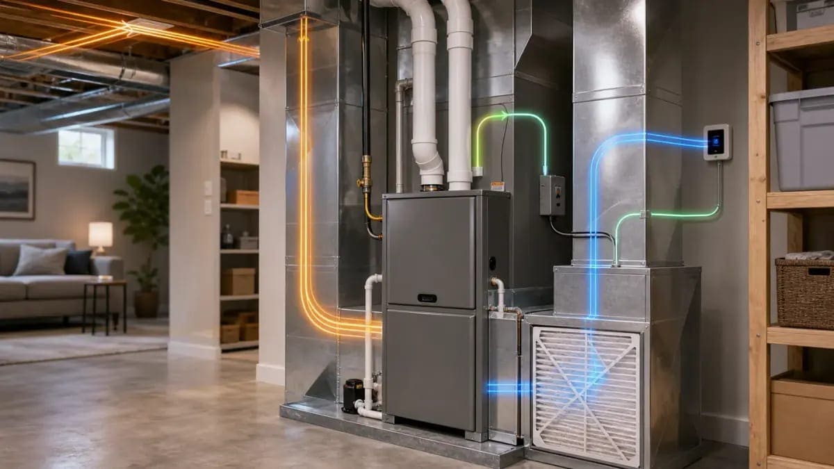 High-efficiency gas furnace installed in a residential basement