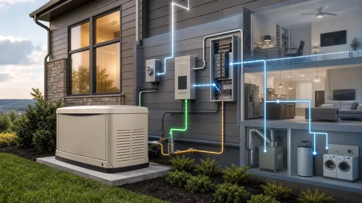 Home standby generator installed beside a house