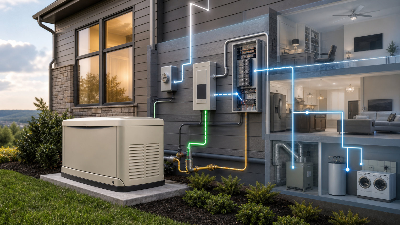 Home standby generator installed beside a house