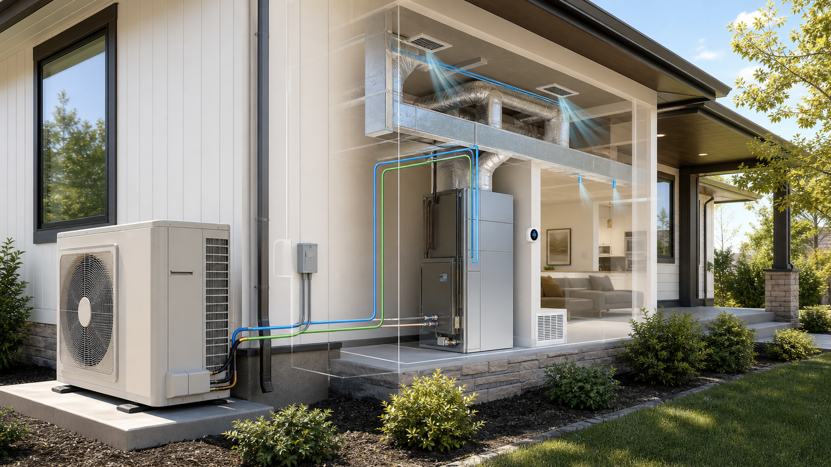 Illustration of an outdoor heat pump and indoor air handler