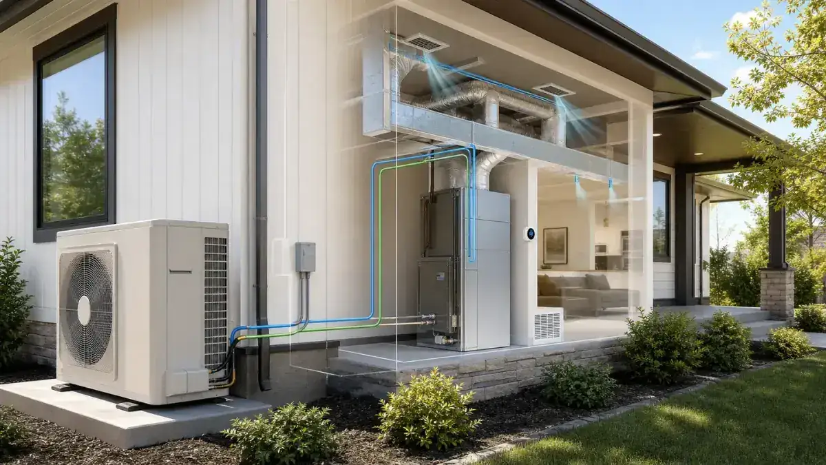 Outdoor heat pump condenser and indoor air handler shown in a home