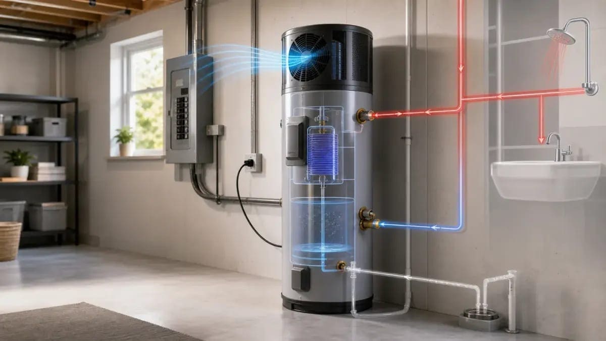 Heat pump water heater installed in a home utility area