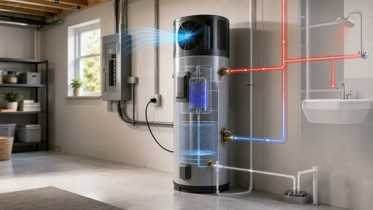 Heat pump water heater installed in a home utility area