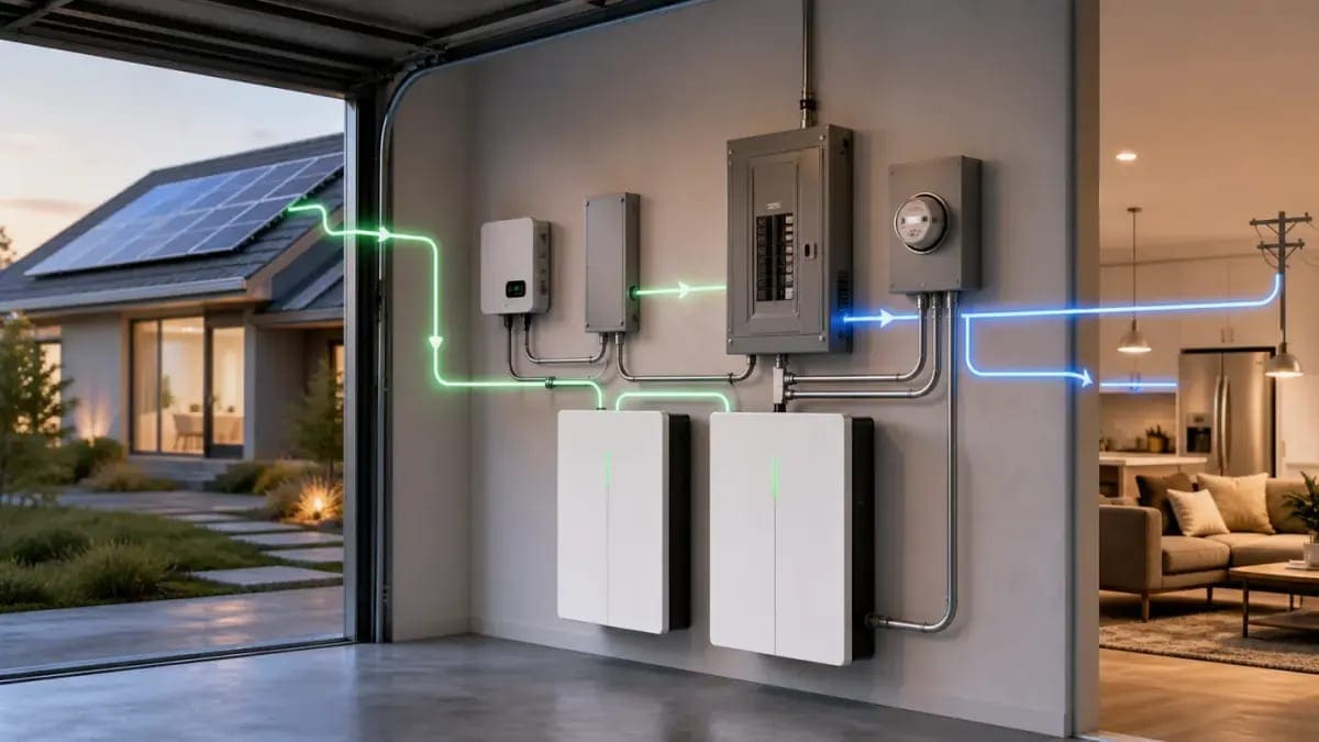 Home battery storage system mounted in a garage