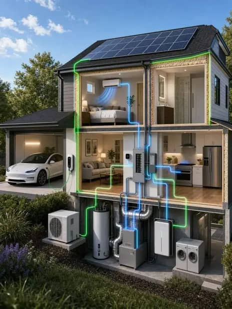 Cutaway view of a fully electrified home — solar, EV charger, heat pump, HPWH, battery, smart panel
