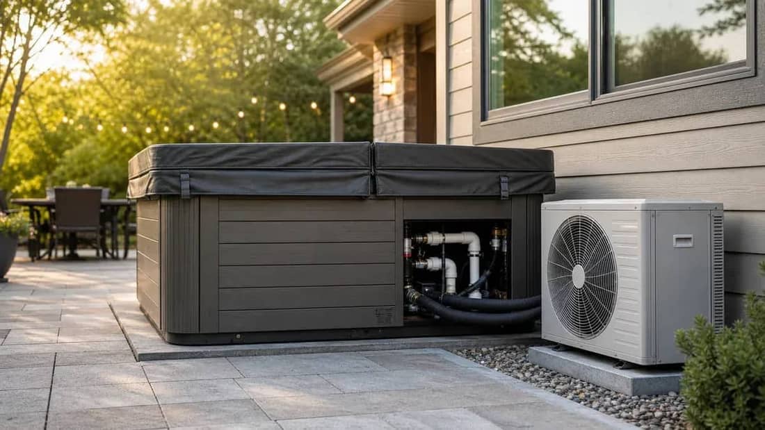 Heat pump unit installed alongside an outdoor hot tub