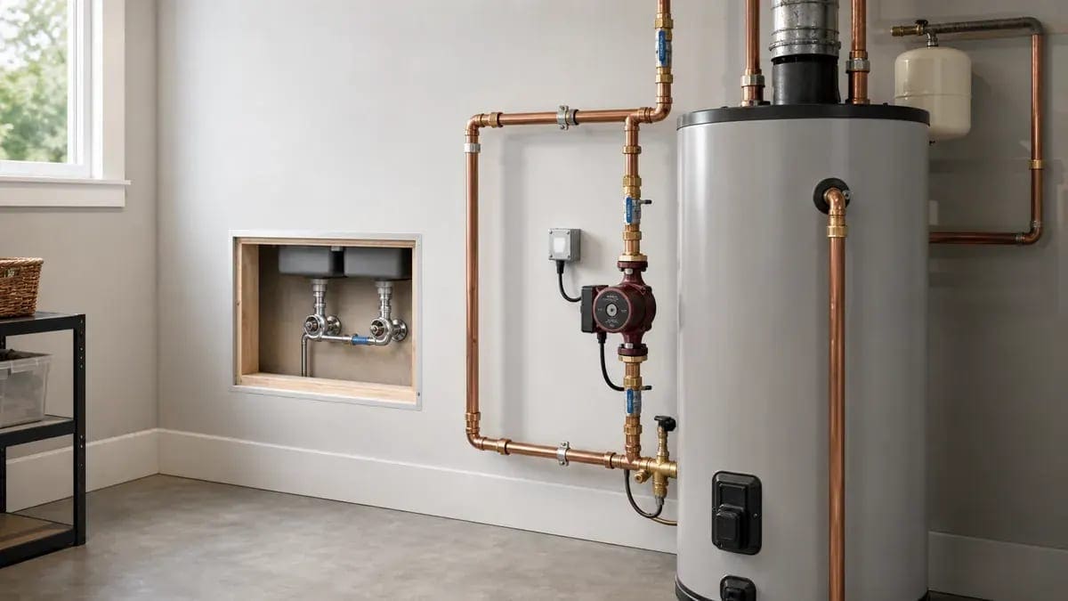 Hot water recirculation pump installed near a water heater