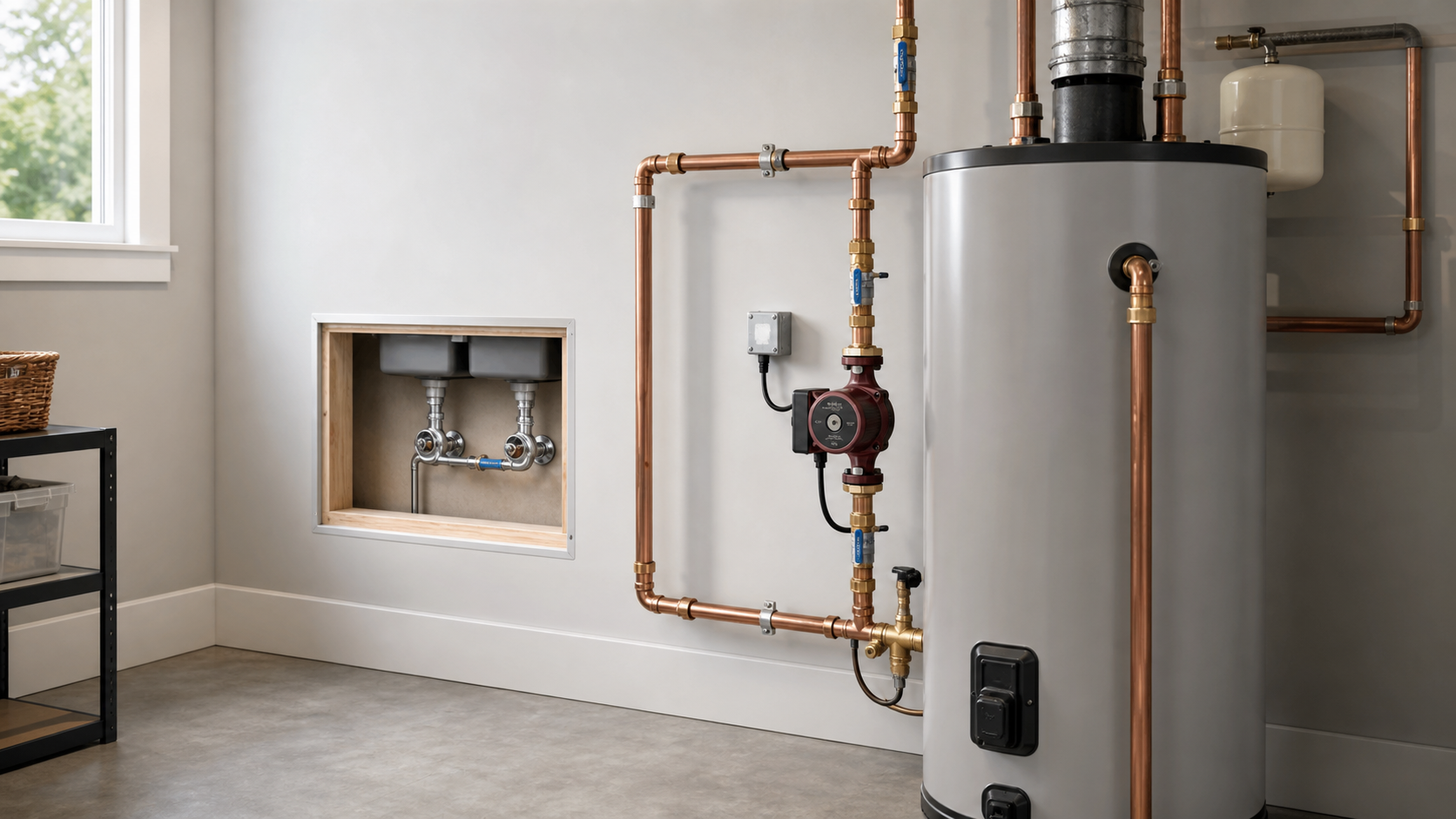 Hot water recirculation pump installed near a water heater