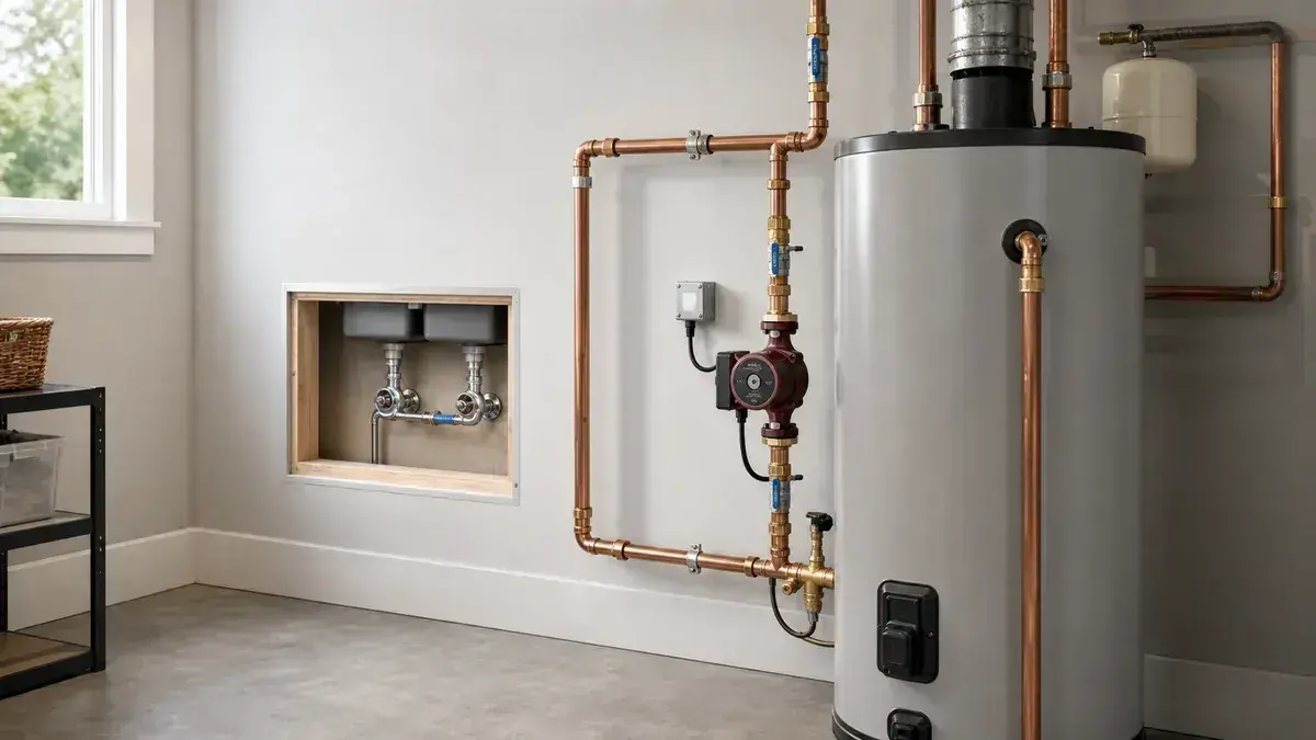 Hot water recirculation pump installed near a water heater