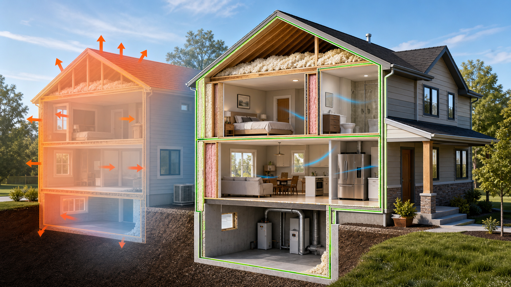 Attic and wall insulation being installed in a home
