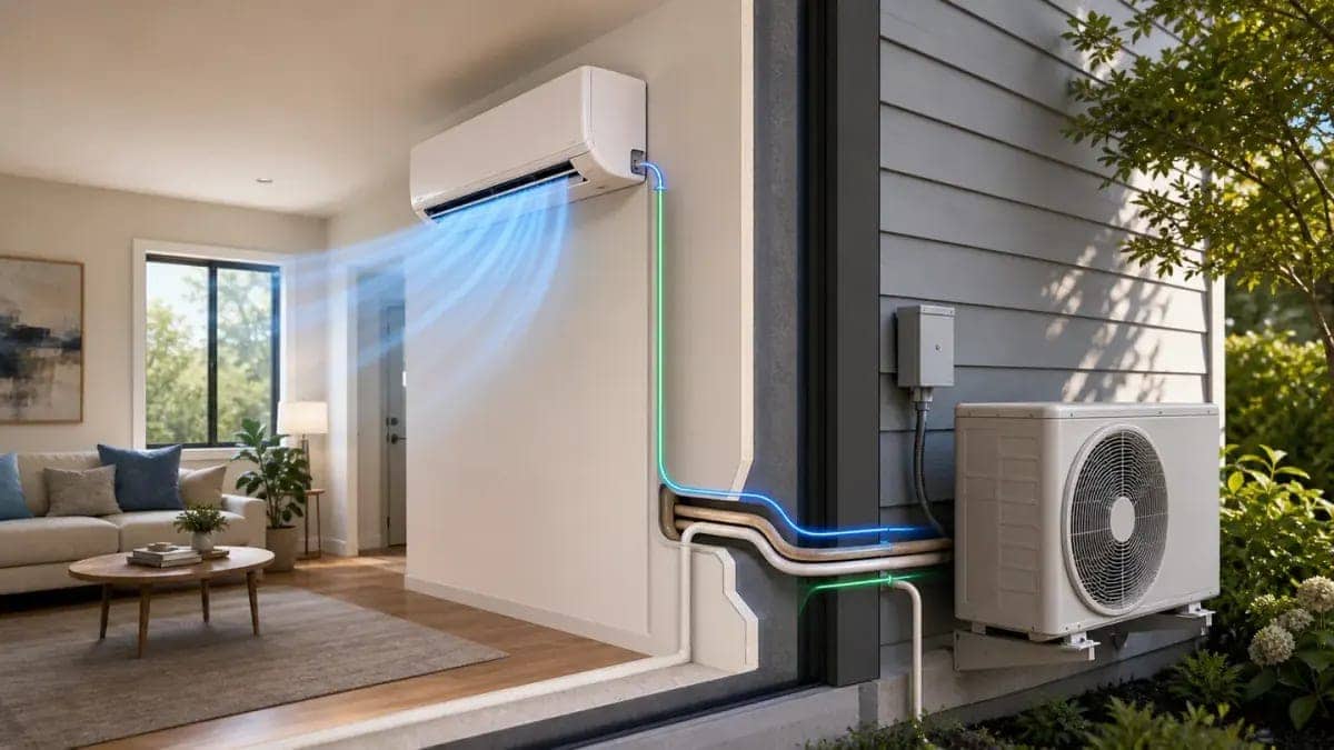 Mini-split indoor head and outdoor condenser at a home