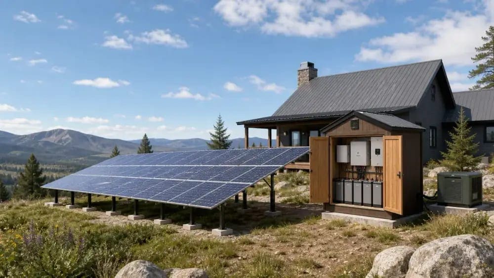 Off-grid solar PV array and battery bank at a rural property