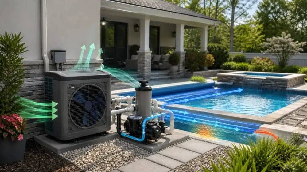 Pool heat pump installed beside a residential pool