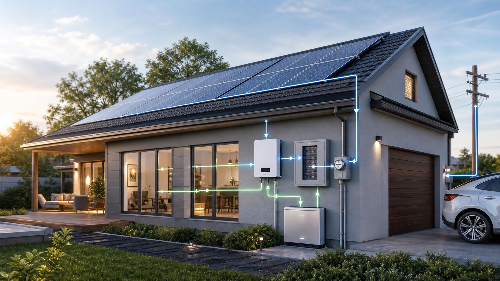 Home with rooftop solar panels and inverter connection