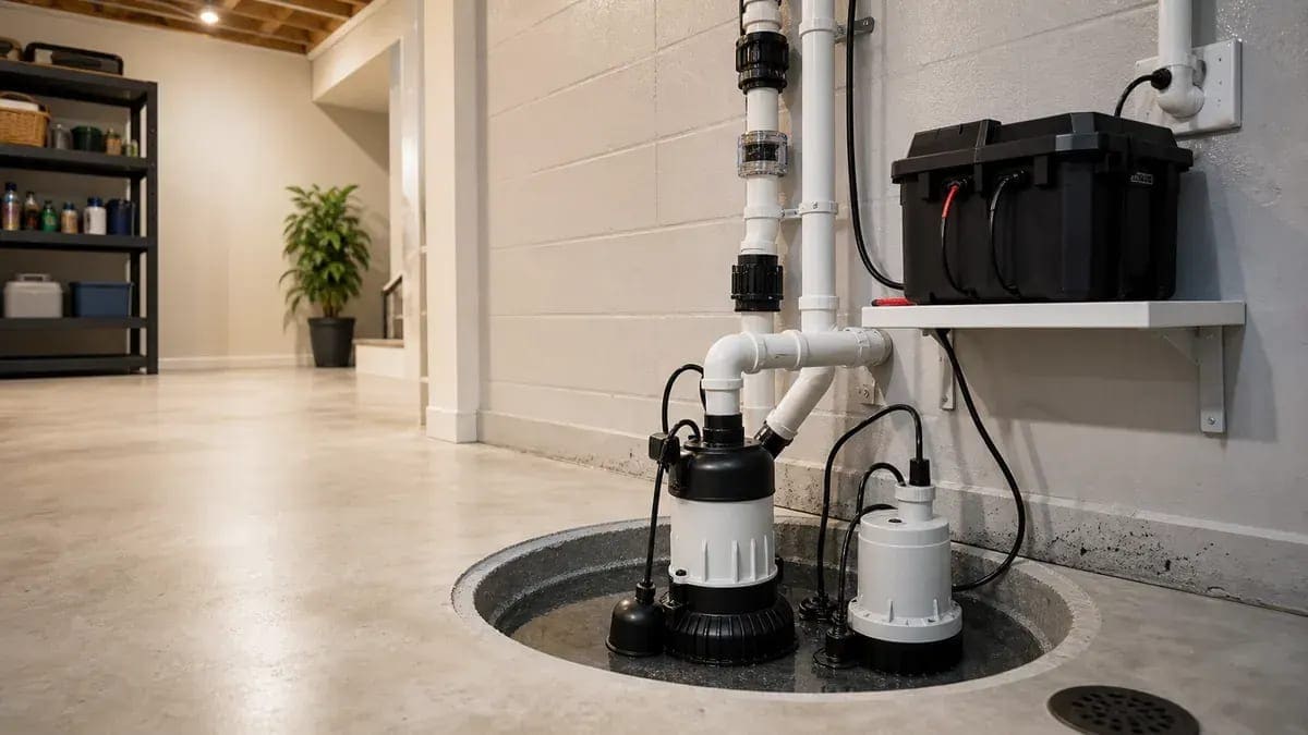 Sump pump with battery backup in a basement basin