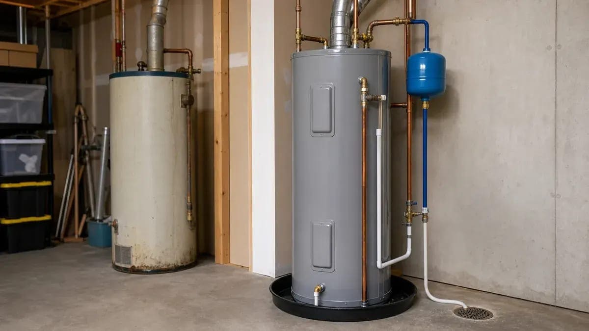 Residential water heater installed in a basement