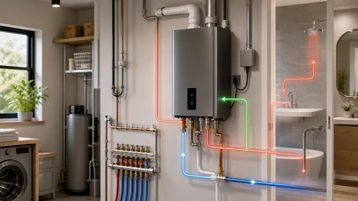 Tankless water heater mounted on a home wall