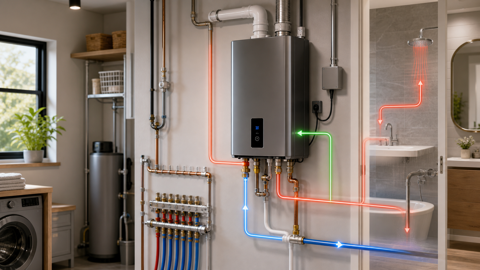 Tankless water heater mounted on a home wall