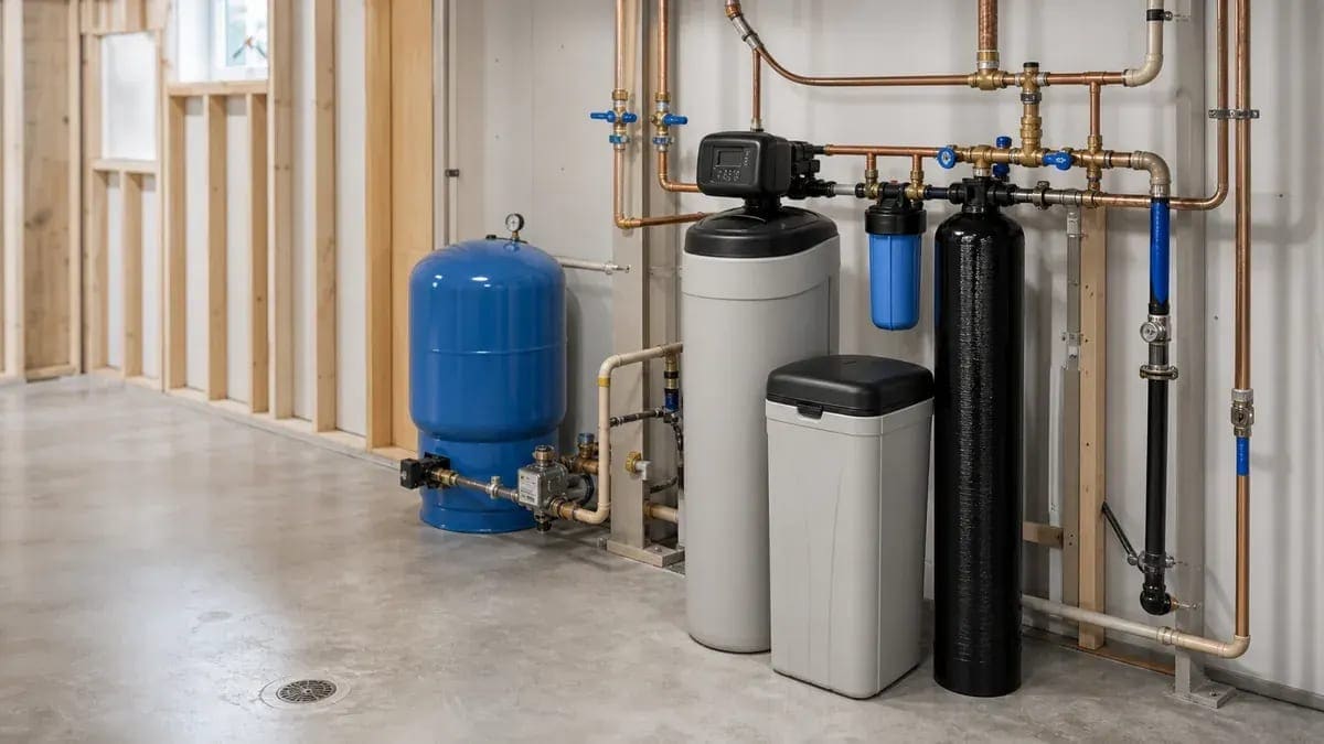 Whole-house water softener installed in a utility room