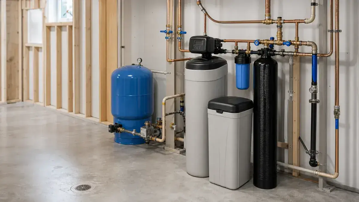 Whole-house water softener installed in a utility room