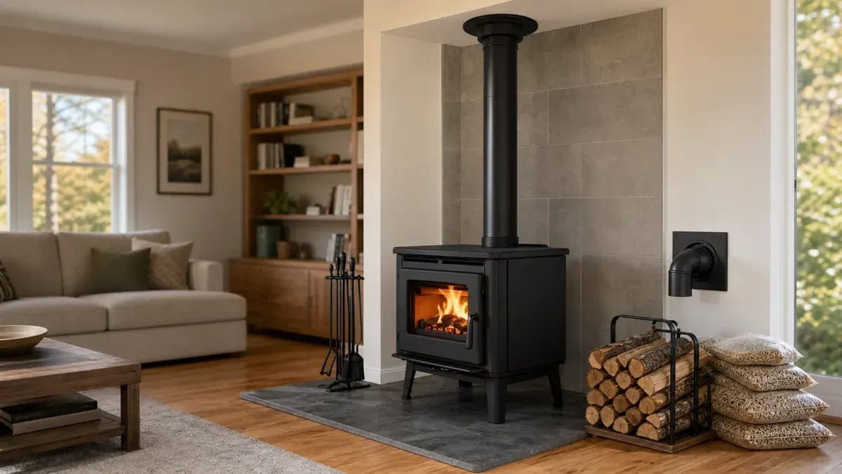 EPA-certified wood stove installed in a residential living room