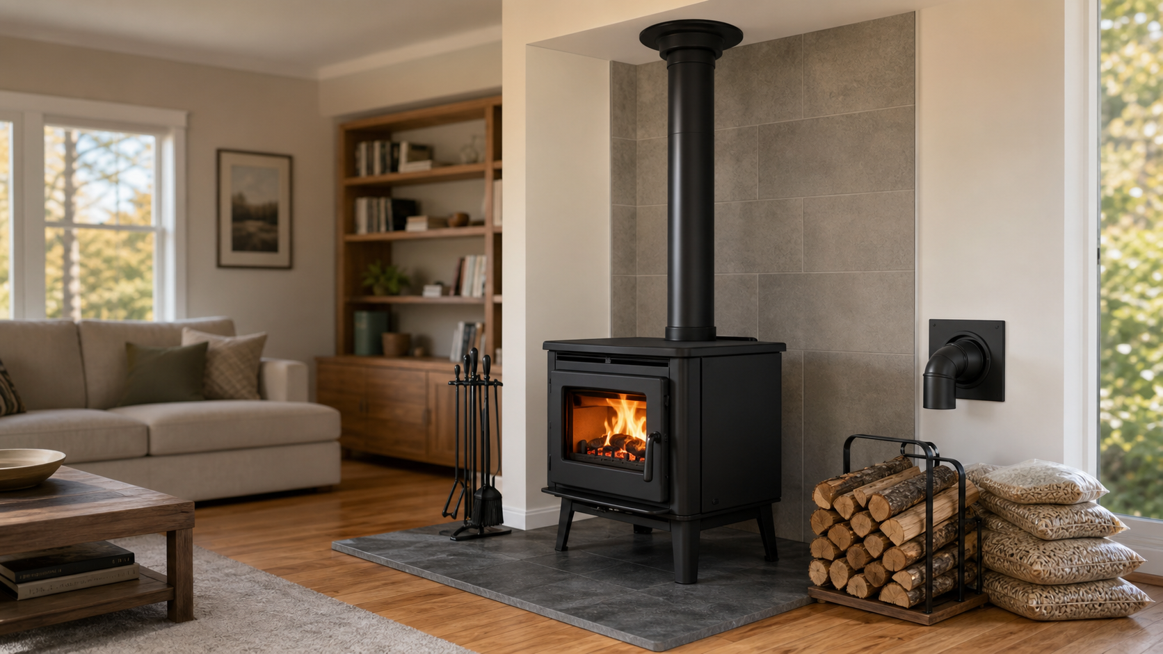 EPA-certified wood stove installed in a residential living room