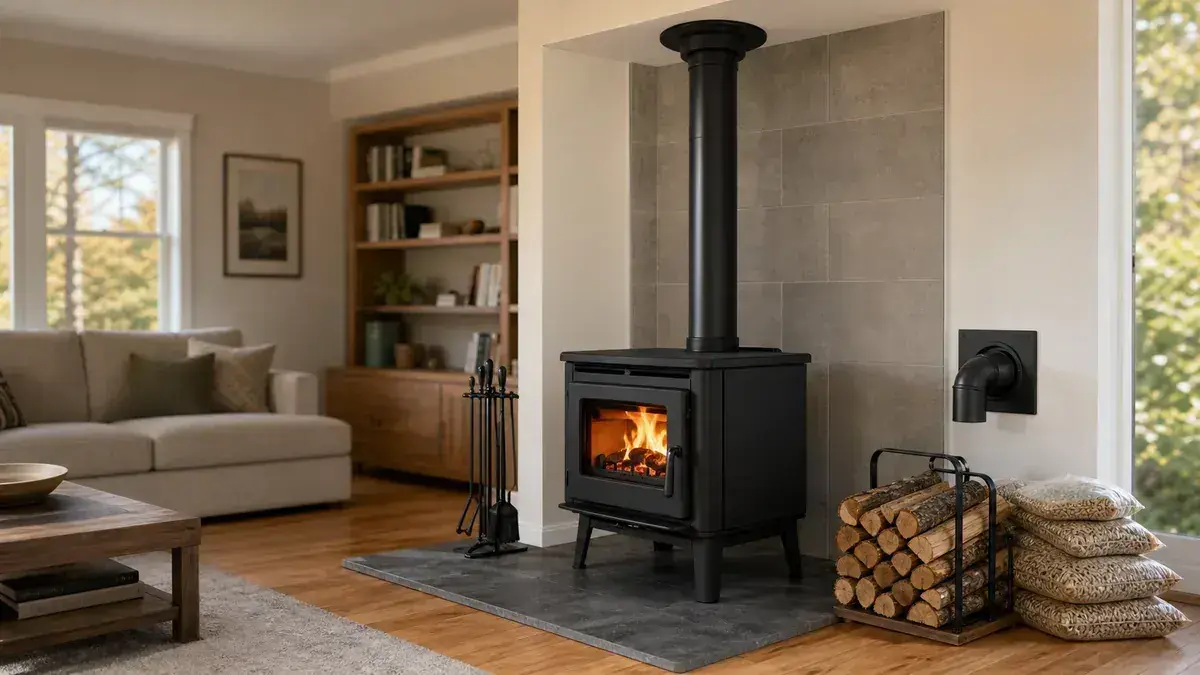 EPA-certified wood stove installed in a residential living room